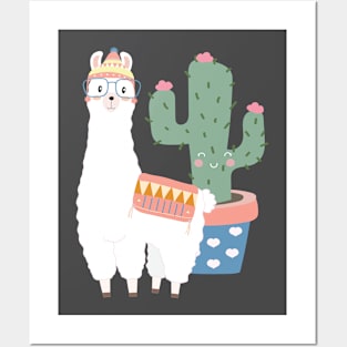 Hipster Llama and Kawaii Cactus Illustration Posters and Art